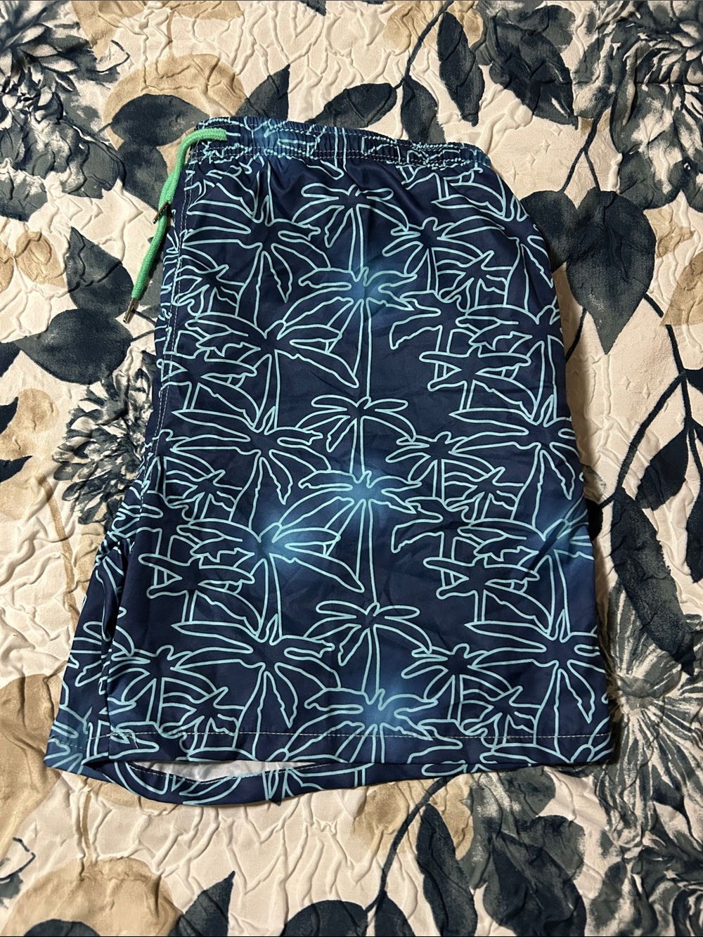 Navy Palm-Print  swim trunks
